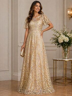 David Meister Gold Embroidered Lace Maxi Dress size 10